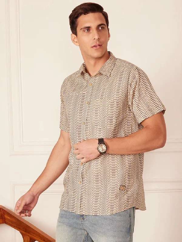 Comfortable Men's Flannel ShirtsDENNISON Men Beige Block Printed Shirt