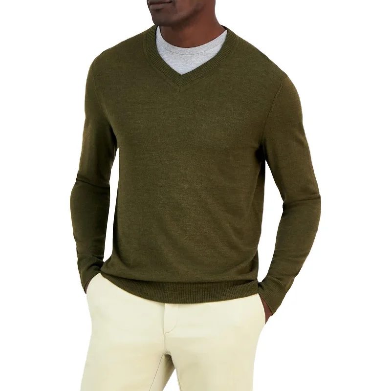 Mens Ribbed Trim  Extra Fine Merino Wool V-Neck Sweater