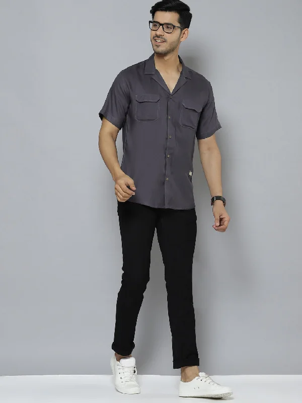 Men's Organic Cotton Shirts for Eco-ConsciousnessMen Charcoal Grey Solid Cuban Collar Smart Regular Fit Casual Shirt