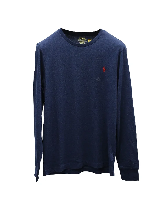 Men's Shirts with Patchwork SleevesRalph Lauren Slim Fit Long Sleeve T-shirt in Navy Blue Cotton