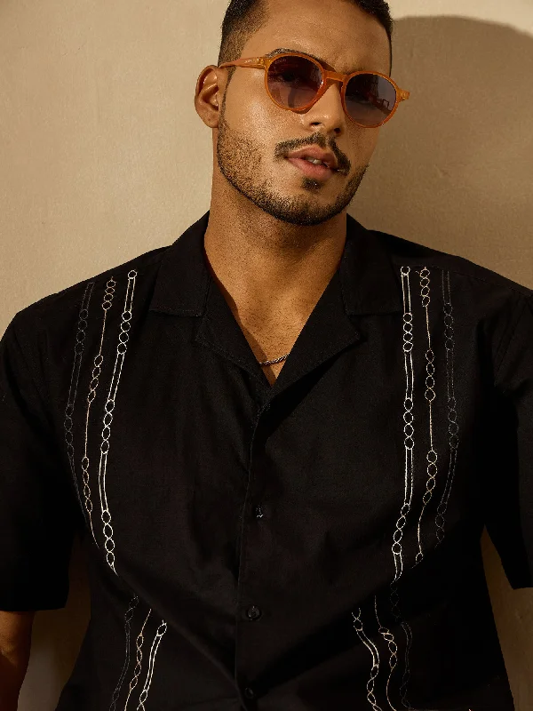 Men's Checkered Shirts for a Retro FeelBlack Toned Embroidered Drop Shoulder Shirt