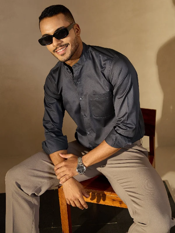 Men's Solid-Colored Shirts for VersatilityGrey Mandarin Collar Casual Shirt