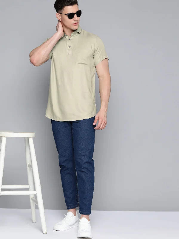 Casual Men's Button-Down ShirtsMen Olive Green Twill Weave Smart Slim Fit Casual Shirt