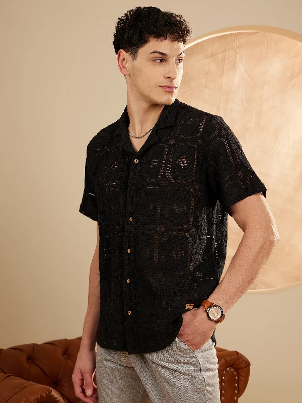 Men's Monochrome Shirts for a Minimalist VibeBlack Semi Sheer crochet Shirt