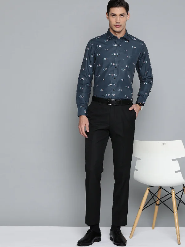 Men's Geometric Print Shirts for a Modern TwistMen Navy Blue Smart Slim Fit Floral Printed Formal Shirt