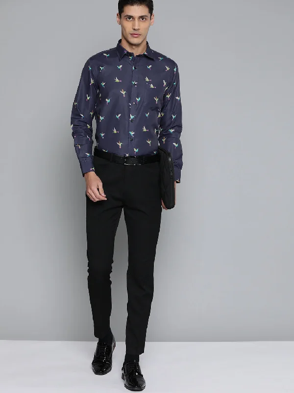 Men's Layering Shirts for Seasonal TransitionsMen Navy Blue Smart Slim Fit Conversational Printed Formal Shirt