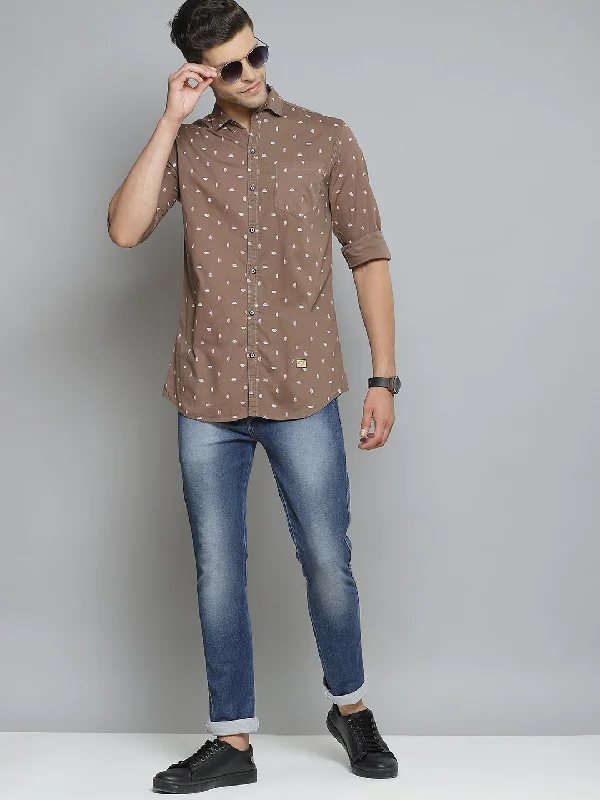Men's Affordable Shirts for Budget-Friendly StyleMen Brown Smart Slim Fit Opaque Feather Printed Casual Shirt