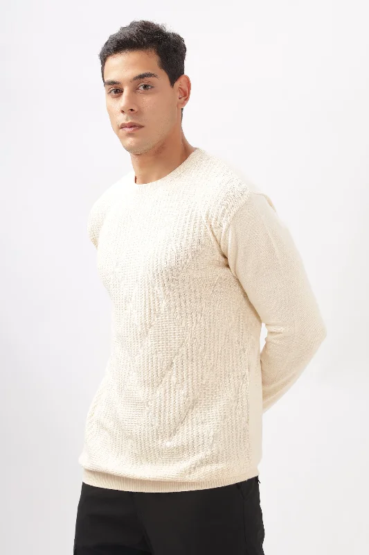 Men's Shirts with Asymmetrical HemlinesDiamond Knitted Cream Full-Sleeve T-Shirt