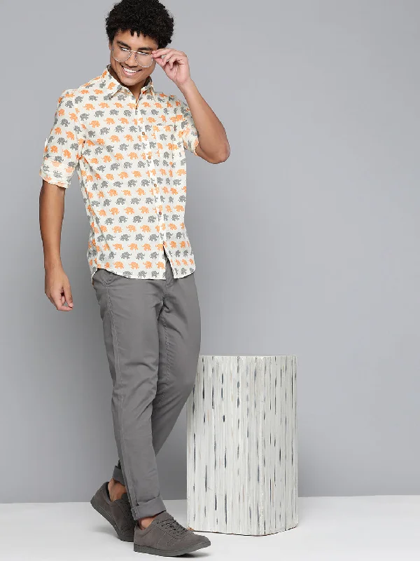 Men's Skinny-Fit Shirts for a Trendy LookDENNISON Men Cream-Coloured Block Printed Shirt