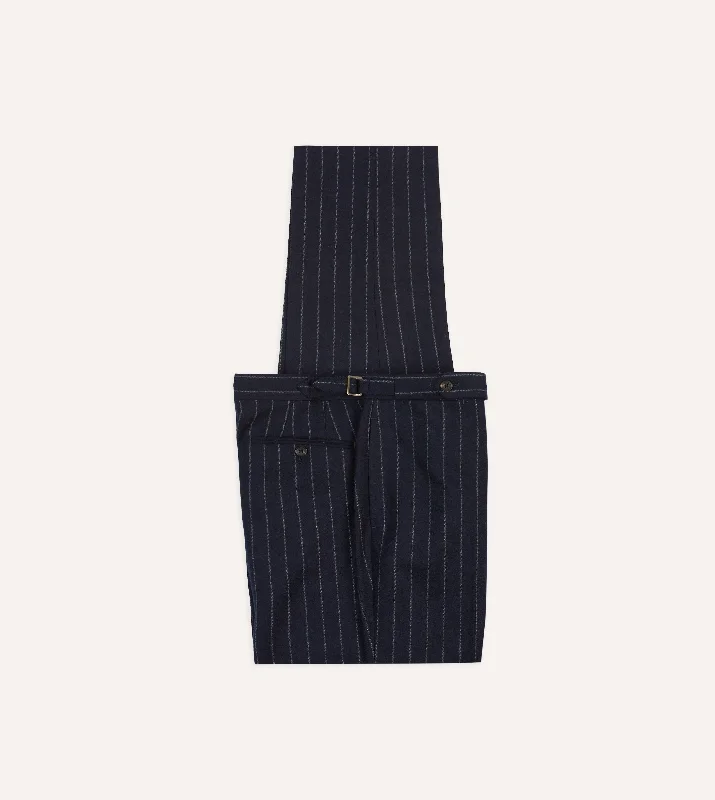 Men's Bootcut Jeans for a Flattering ShapeNavy Chalkstripe Wool Flannel Flat Front Trouser