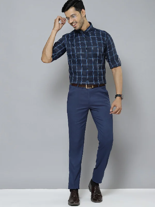 Men's Spread-Collar Shirts for a Bold StatementMen Blue  White Smart Slim Fit Checked Twill Weave Cotton Formal Shirt