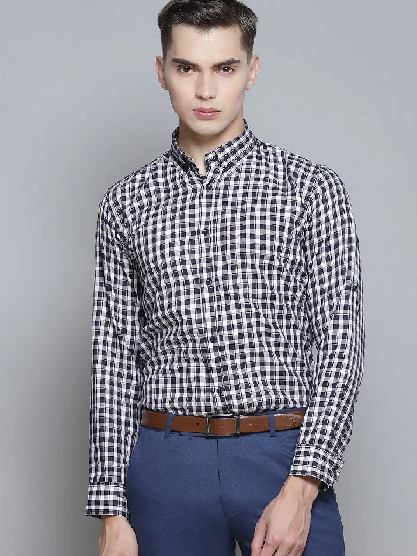 Men's Striped Long-Sleeve Shirts for a Maritime FeelMen White Smart Slim Fit Gingham Checks Opaque Checked Formal Shirt