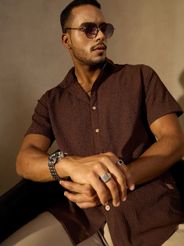 Men's Pattern-Clashing Shirts for Bold FashionLight Brown Short Sleeves Cotton Shirt