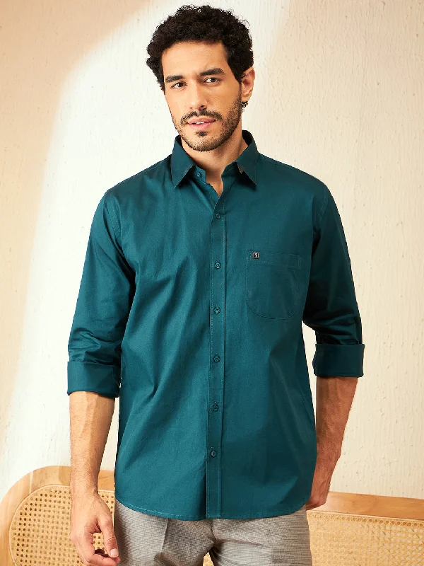 Men's Geometric Print Shirts for a Modern TwistDENNISON Teal Smart Spread Collar Cotton Formal Shirt