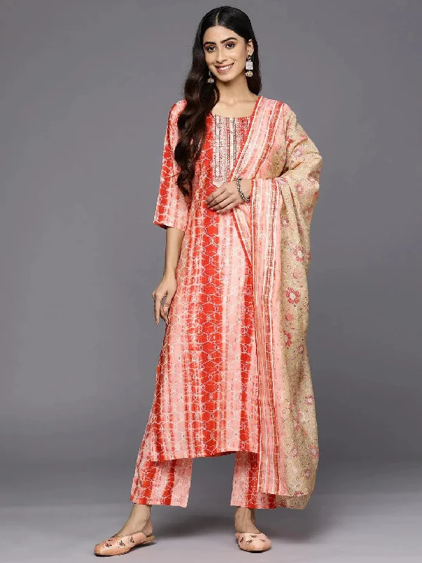 Red Yoke Design Silk Blend Straight Kurta With Trousers & Dupatta