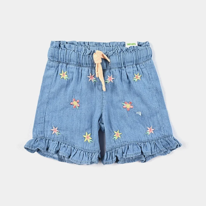 Men's Pants with Functional PocketsInfant Girls Denim Short Flowers-Ice Blue