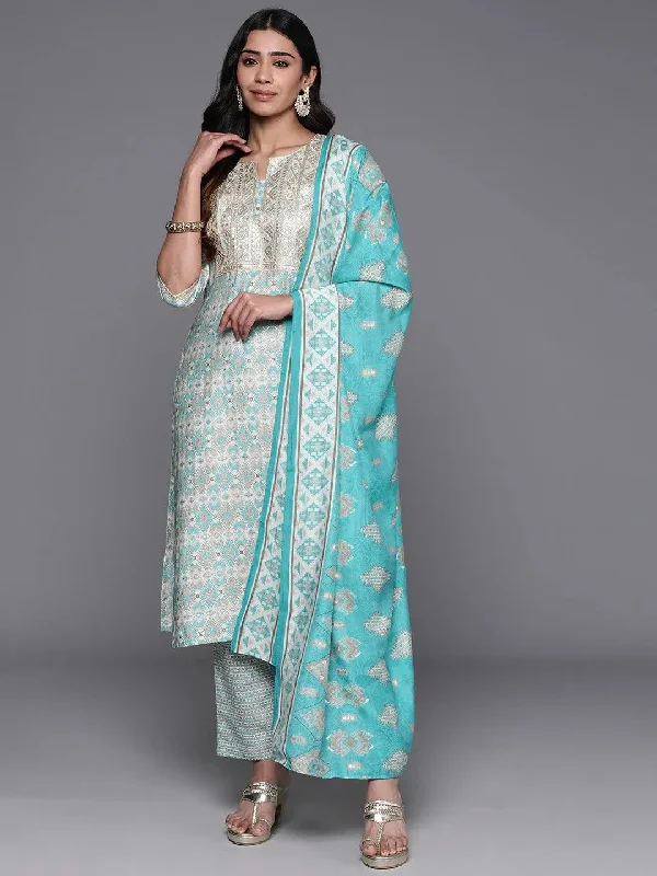 Blue Yoke Design Silk Blend Straight Suit With Dupatta
