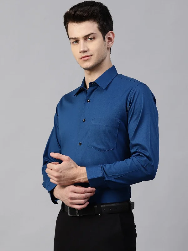 Comfortable Men's Flannel ShirtsMen Teal Blue Smart Slim Fit Solid Twill Weave Formal Shirt