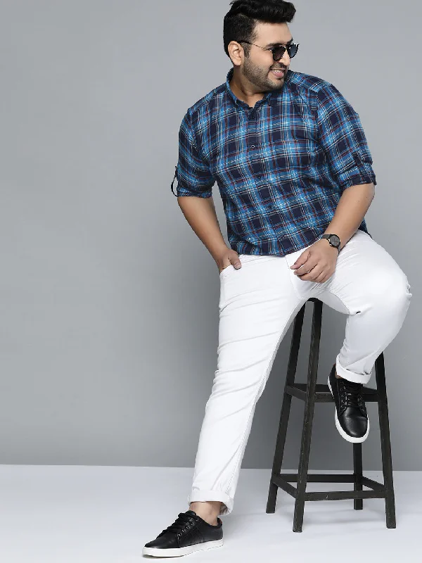 Men's Golf Shirts for On-Course StyleMen Navy Blue Smart Slim Fit Pure Cotton Opaque Checked Casual Shirt