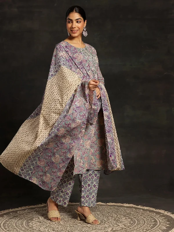 Blue Printed Cotton Straight Suit With Dupatta