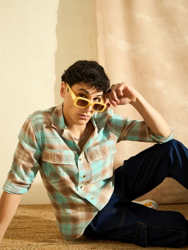 Men's French-Cuff Shirts for a Sophisticated EdgeDENNISON Oversized Blue & Beige checked double pocket checked Shirt