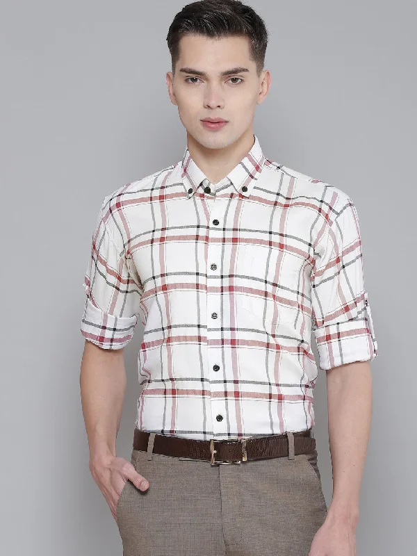 Classic Men's Dress ShirtsMen White  Red Smart Slim Fit Checked Formal Shirt