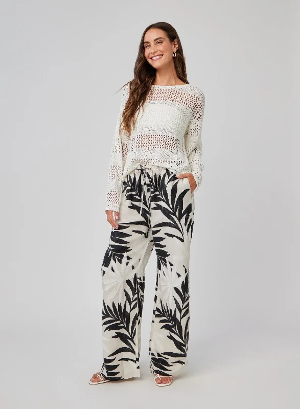 Open Knit Stripe Crew Sweater - White
