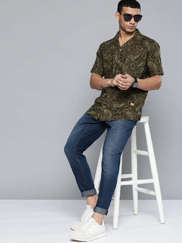 Men's Stain-Resistant Shirts for Mess-Free WearDENNISON Men Green Smart Printed Casual Shirt