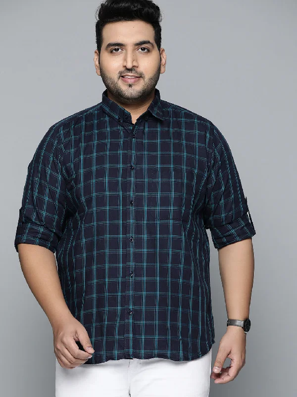 Men's Performance Fabric Shirts for All-Day ComfortMen Navy Blue Smart Slim Fit Opaque Checked Casual Shirt