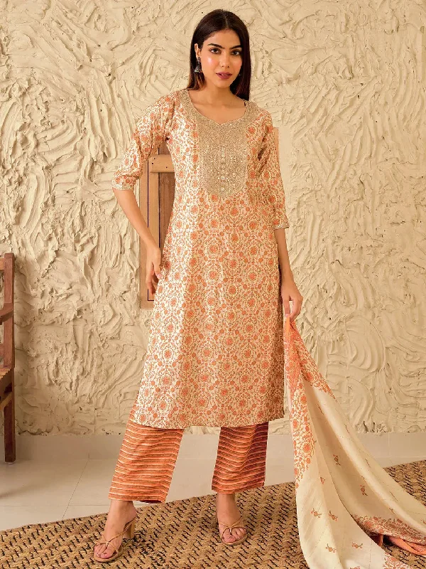 Beige Printed Silk Blend Straight Suit With Dupatta