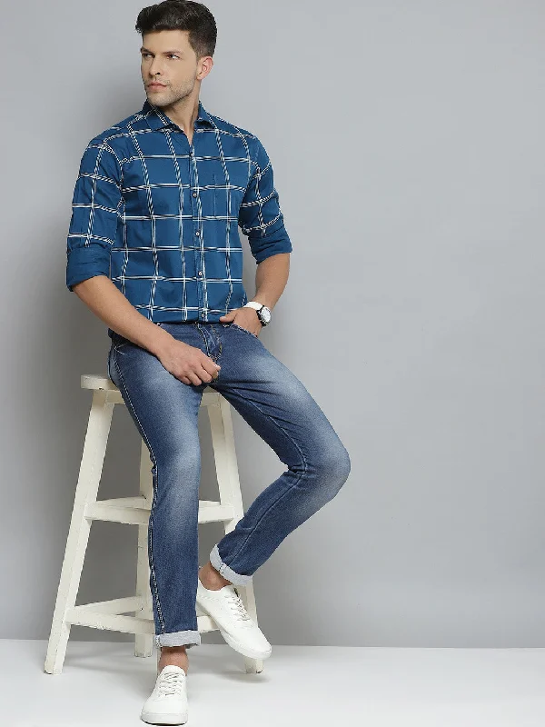 Men's Big and Tall Shirts for Added ComfortMen Blue Smart Slim Fit Windowpane Checks Opaque Checked Casual Shirt