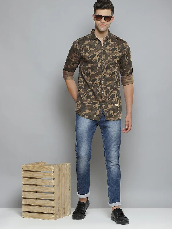 Men's Minimalist Shirts for a Clean LookMen Brown  Khaki Camouflage Printed Smart Slim Fit Opaque Casual Shirt