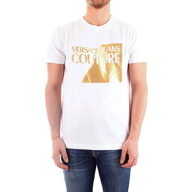 Men's Shirts with Adjustable CuffsGold Logo Short Sleeve T-Shirt In White
