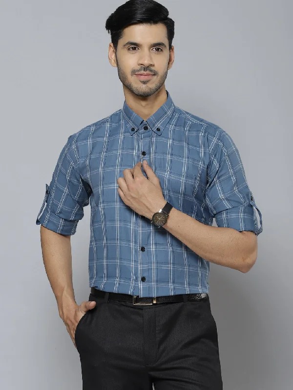 Men's V-Neck T-Shirts for a Flattering ShapeMen Blue  White Pure Cotton Smart Slim Fit Tartan Checks Formal Shirt