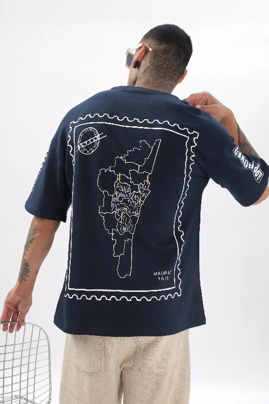 Men's Shirts with Contrast CollarsMadras Unisex Navy Blue Drop-Shoulder T-Shirt