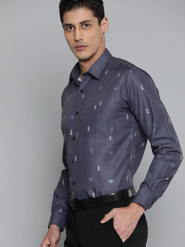 Men's Designer Shirts for a Statement PieceMen Navy Blue Smart Slim Fit Conversational Printed Formal Shirt