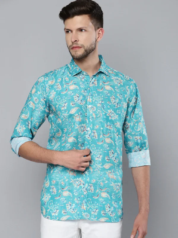 Men's Pattern-Play Shirts for a Fun TwistMen Turquoise Blue Smart Slim Fit Floral Printed Formal Shirt