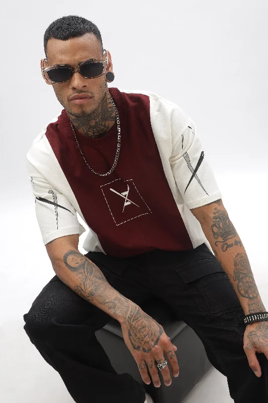 Men's Shirts with Lace-Up HemlinesCrossBlock Maroon & Cream Dropshoulder Tee