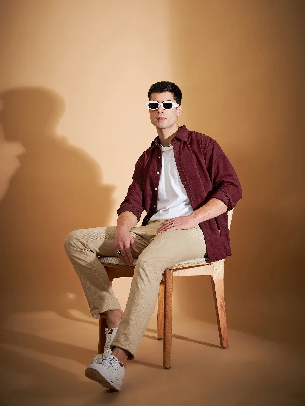 Men's Sleeveless Shirts for Summer ComfortDENNISON Men Maroon Corduroy Weave Oversized Shirt