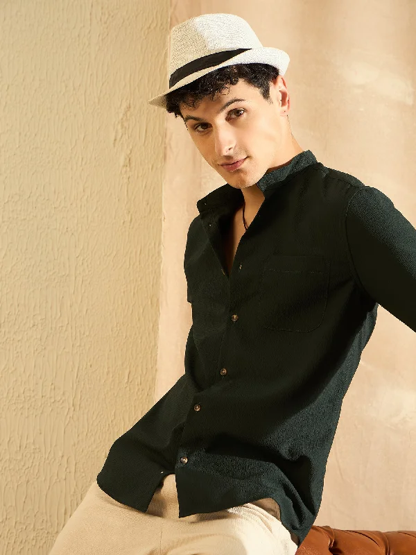 Men's Pattern-Clashing Shirts for Bold FashionDENNISON Olive Green Mandarin Collar Casual Shirt