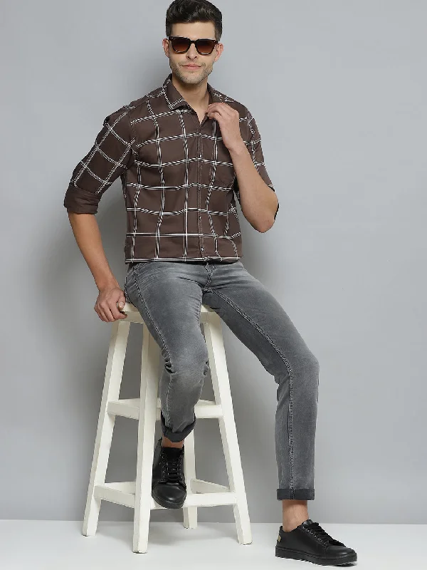 Men's Dressy Casual Shirts for Smart-Casual EventsMen Brown  White Windowpane Checks Smart Slim Fit Opaque Casual Shirt
