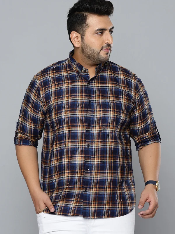 Men's Geometric Print Shirts for a Modern TwistMen Navy Blue Smart Slim Fit Opaque Checked Casual Shirt
