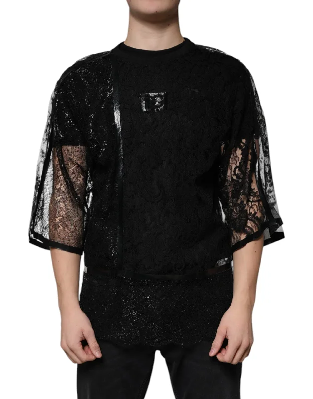 Men's Shirts with Plaid PatternsDolce & Gabbana  Nylon Floral Lace Crew Neck Men's T-shirt