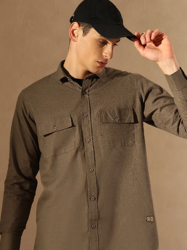 Men's Bold-Color Shirts for a Statement PieceBrown Double Pocket Cotton Linen Shirt