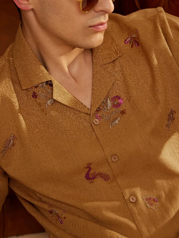 Men's Hawaiian Print Shirts for Luau PartiesDENNISON Mustard Color Embroidered Casual Shirt