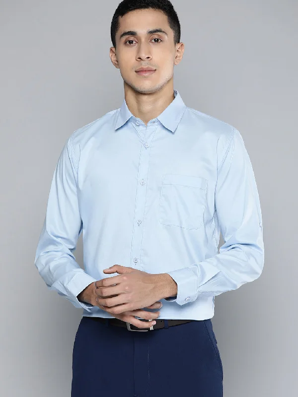 Men's Moisture-Wicking Shirts for All-Day ComfortMen Blue Solid Smart Slim Fit Stretchable Lycra Formal Shirt