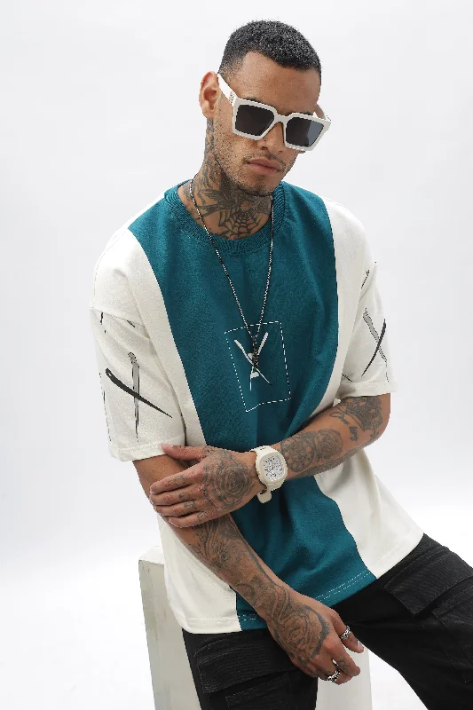 Men's Shirts with Short PlacketsCrossBlock Peacock Green & Cream Dropshoulder Tee