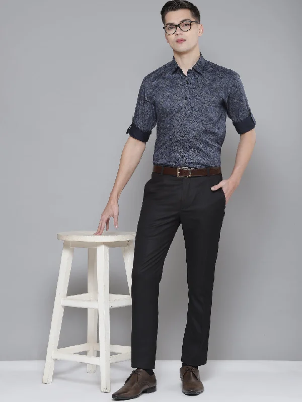 Men's Tailored Shirts for a Sharp AppearanceMen Navy Blue Smart Slim Fit Printed Formal Shirt