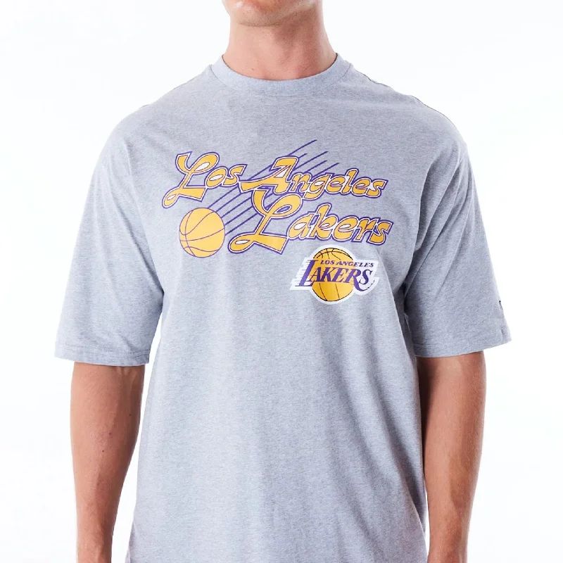 Men's Shirts with Hidden ButtonsLA Lakers NBA Script Grey Oversized T-Shirt