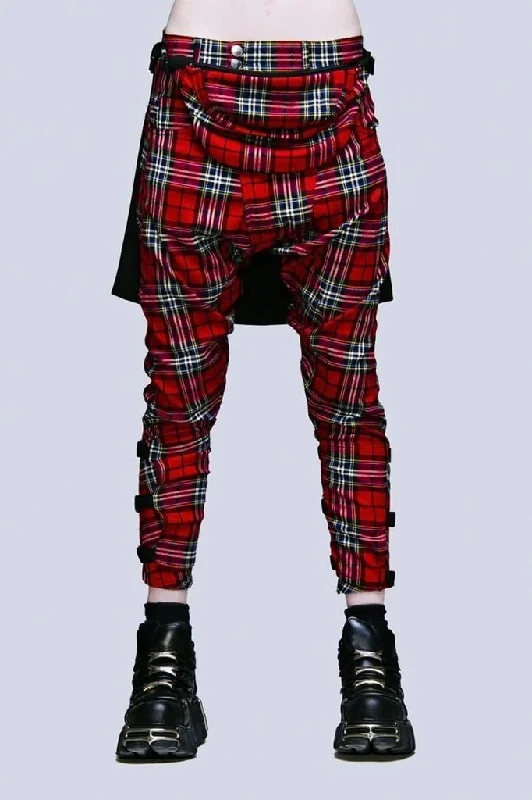Men's Pants with Contrast Fabric PanelsRed Tartan Clip Pants - Unisex